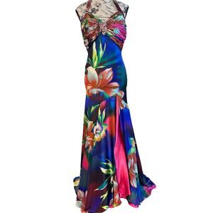 Tony Bowls Paris Floral Sequin Beaded Open Back Formal Gown Prom Dress size 8